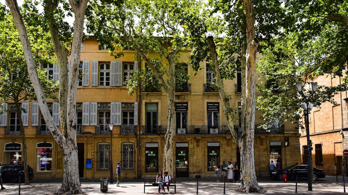Picturesque view of a tree-lined street in Aix-en-Provence, showcasing classic architecture.